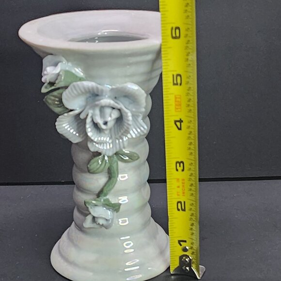 Vintage Iridescent Vase Pedestal Ceramic Glazed with Flower Applied 6'' Tall - Picture 8 of 8